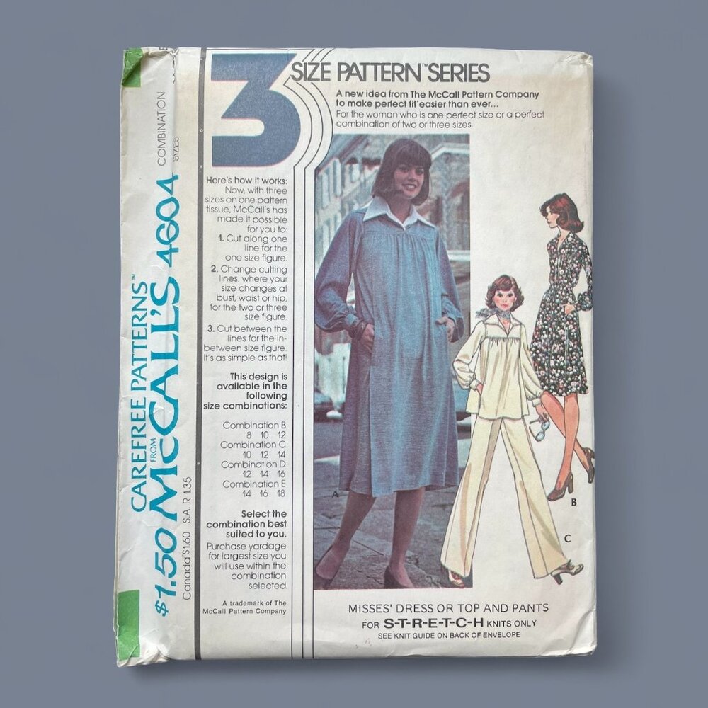 1975 McCall's Carefree Sewing Pattern Dress Top Pants Sz 14 16 18 FF Unc